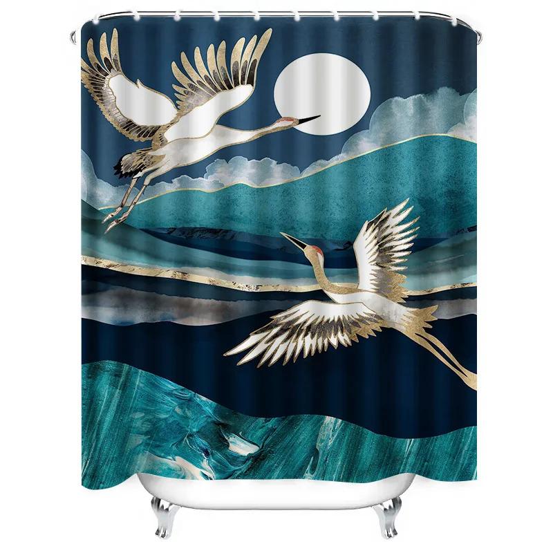 ZHL22Exquisite Crane Flight Shower Curtain Set Modern Bathroom Decor in Teal Blue Fabric for Home Decoration Ready to Ship f2Ol%