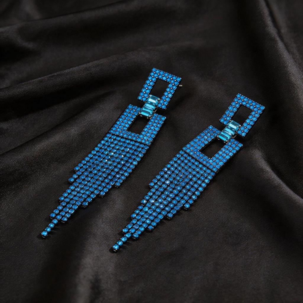 High-End Blue Rhinestone Tassel Dangle Earrings - Versatile European Street Style Design