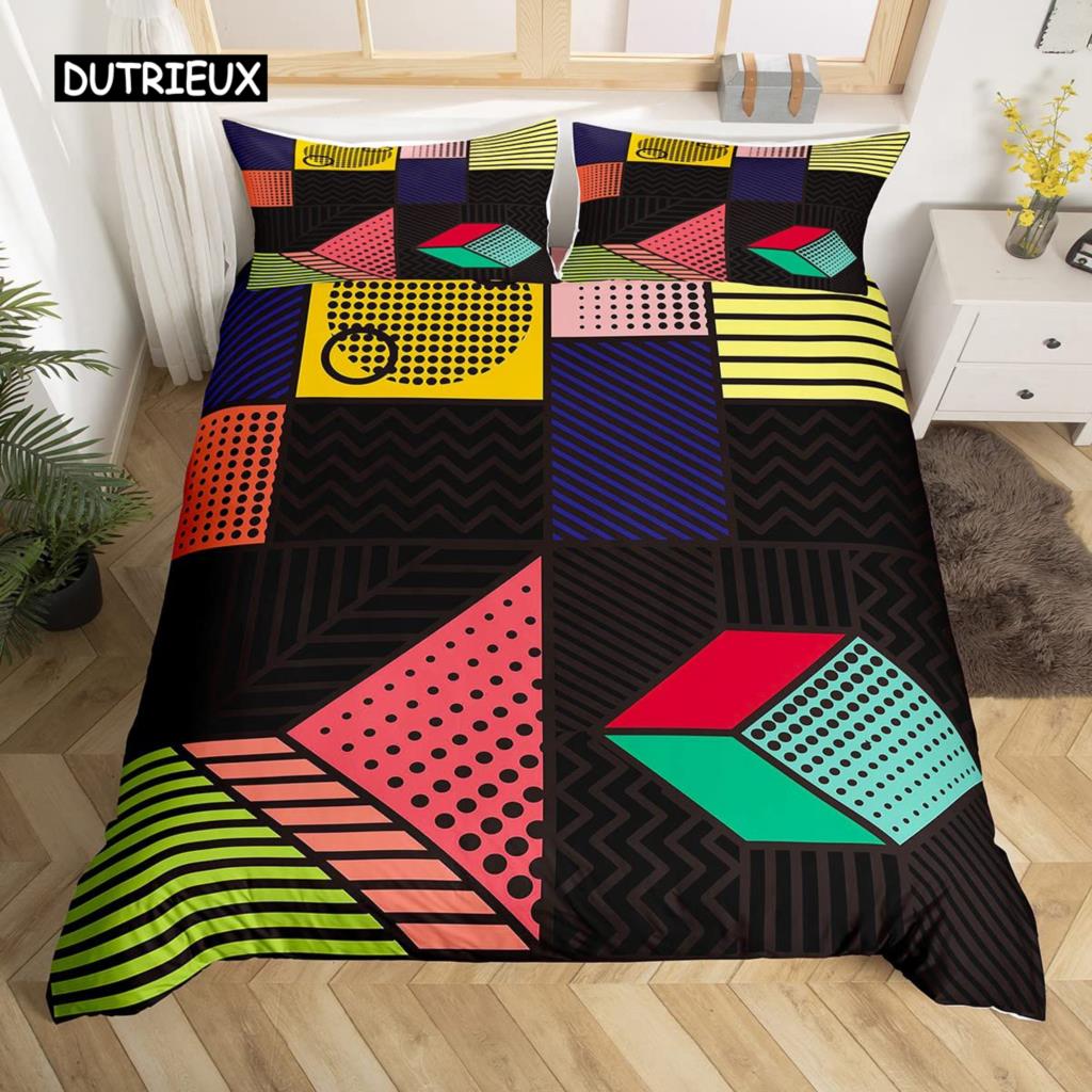 Set Husă Plapumă Geometrie King Albastru Alb Negru Triunghiuri Dungat Set Lenjerie de Pat Poliester Vintage Desenat Manual Dungă Groasă Husă Plapumă