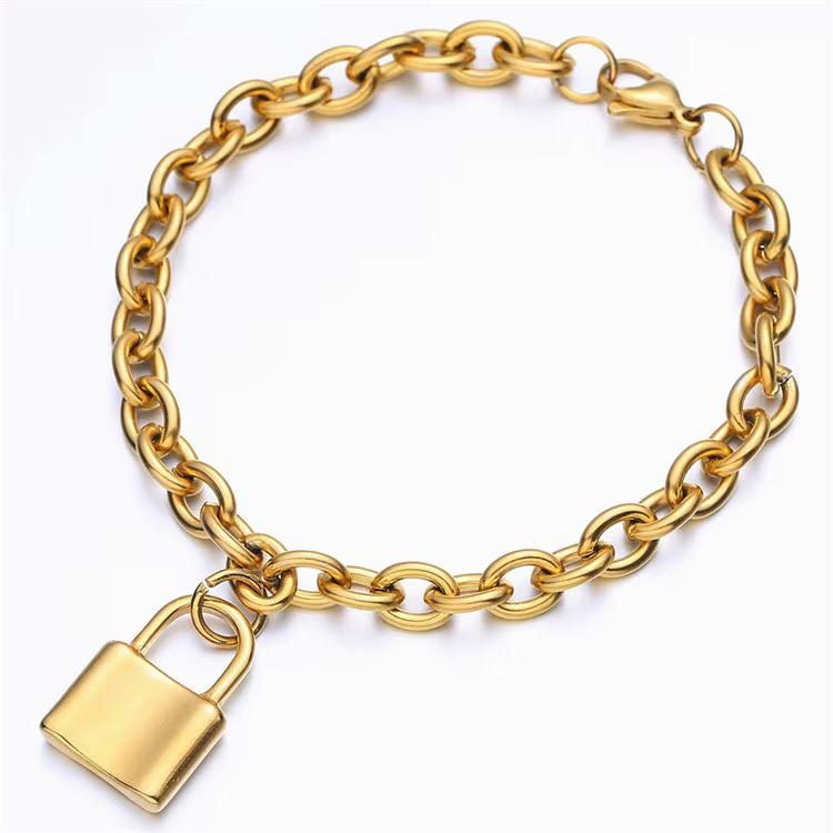 Trendy 18K Gold Plated Stainless Steel Lock Pendant Chain Bracelet Lock Key Pendant Charm Bracelet Hip-hop Couple Bracelet