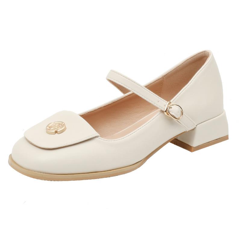 French Square Toe Thick Heel Leather Shoes Fashion Flower Low Heel Mary Jane Shoes Casual Buckle Soft Sole Shoes Plus 35-43