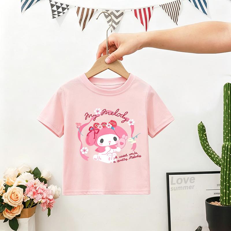 

Kuromi Print Summer girls T-shirt My Melody Cute Trend Kawaii Sanrios Girl High Quality Trend Fashion Kid Tops Gift 100