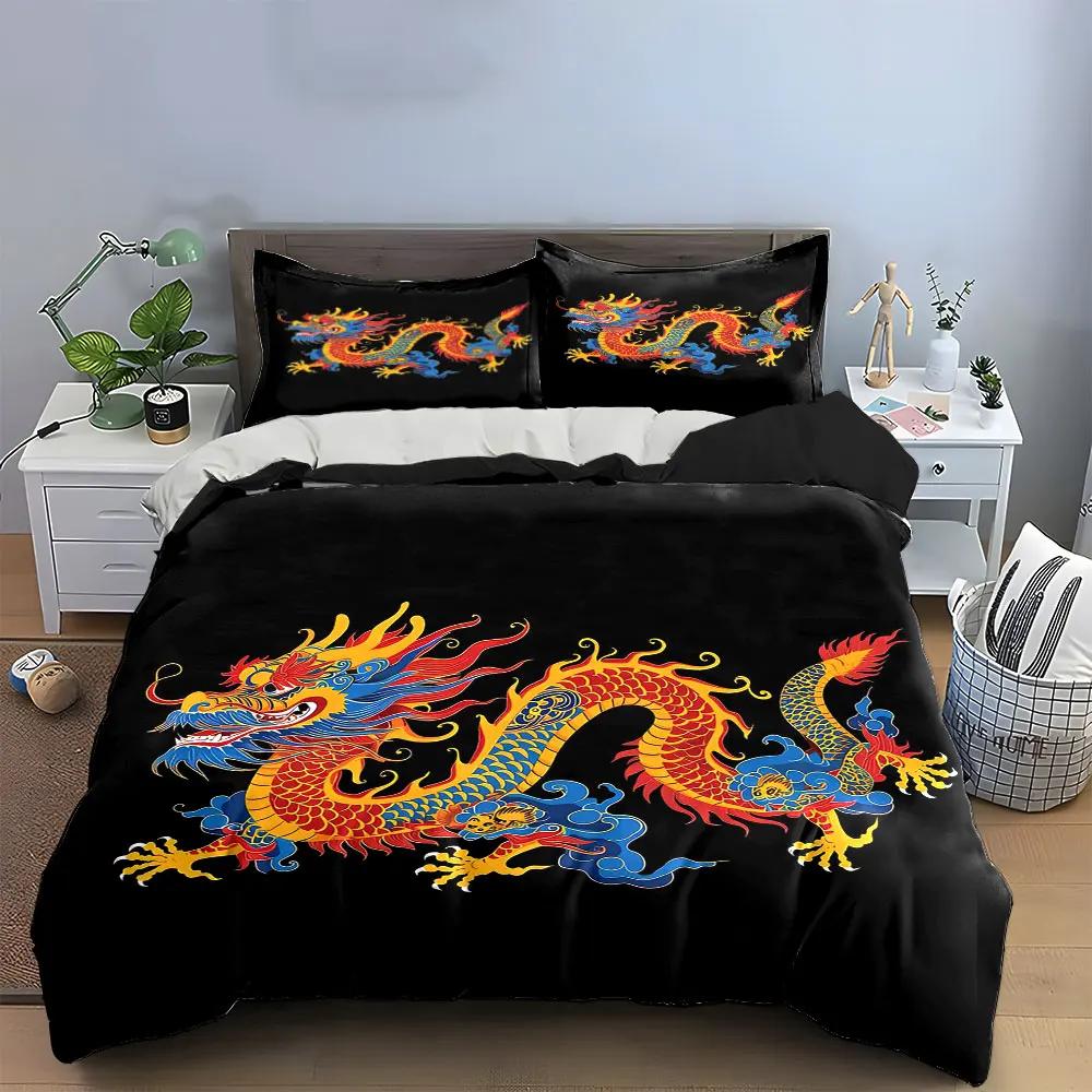 Chinese Dragon Decorative Set Bedding Set with 1 Duvet Cover 2 Pillowcases Single Double King Queen Gift