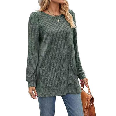 Spring and Autumn Women's Casual Medium and Long Solid Color Round Neck Sweater