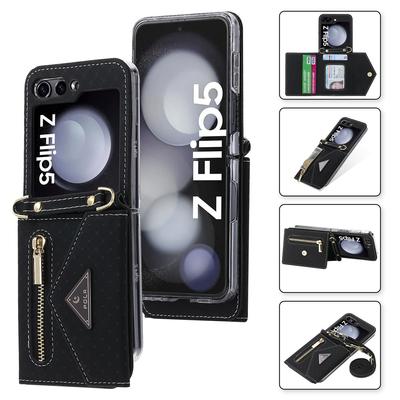 Gitter-Reißverschluss-Geldbörsen-Handyhülle für Samsung Galaxy Z Flip 5 Flip 4 Flip3, hängendes Seil, mehrere Karteneinsätze, faltbare Leder-Geldbörse für Z Flip 5 4 3