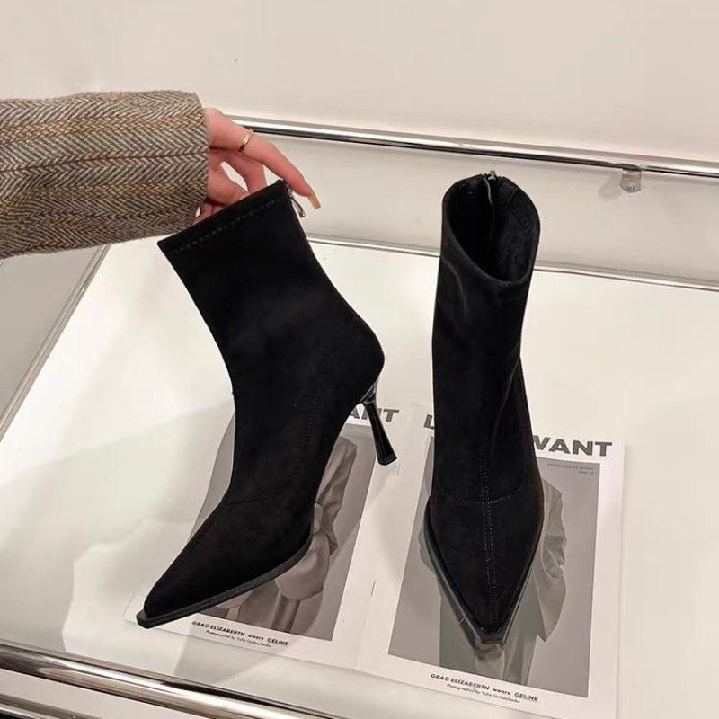Elastic Velvet High Heels Booties Women's Autumn Winter Pointed Toe Slim Fit Boots Korean Sle Waterproof Platform Ankle Boots
