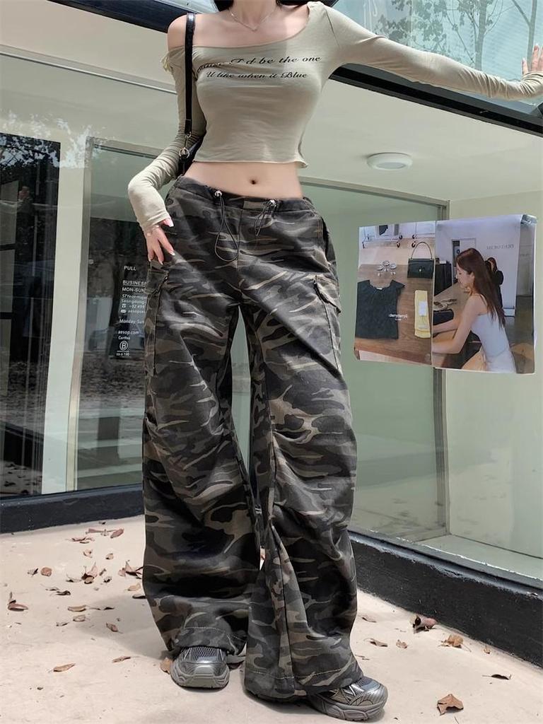 Ancola Röd Vintage Camo Dragskos Arbetsbyxor – Unisex Raka Casual Byxor