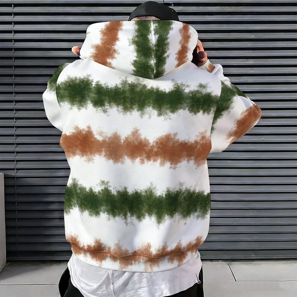 Men Plus Size Green Brown White Tie Dye Printed Long Sleeve Drawstring Hoodie Kangaroo Pocket Pullover