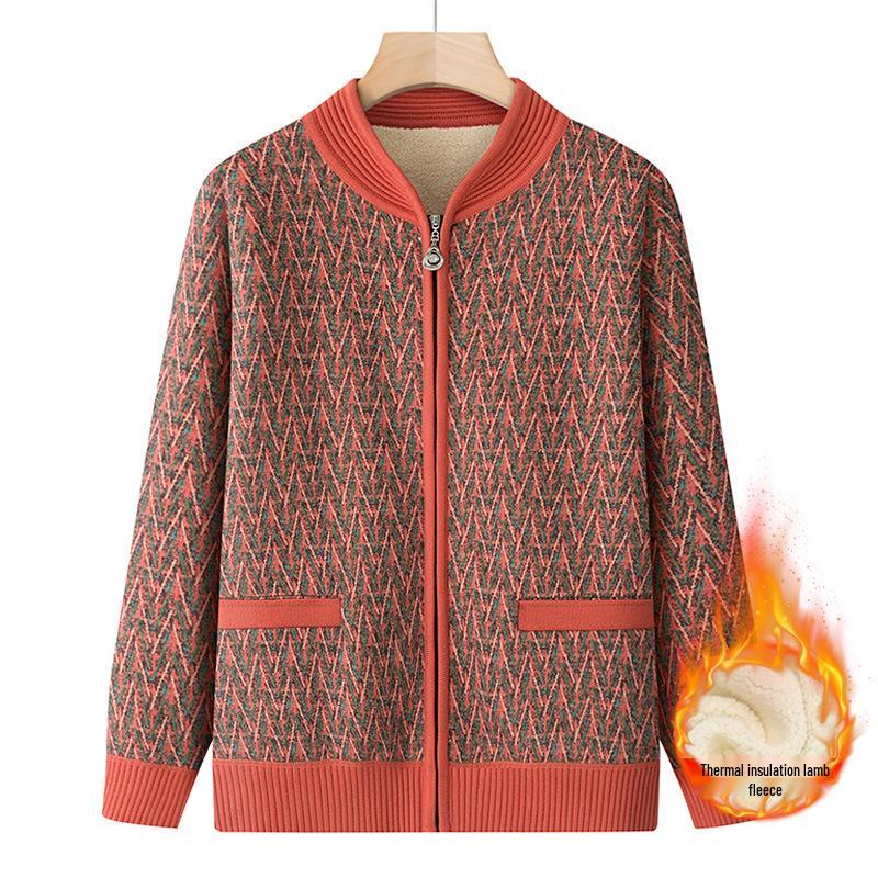 Fleece-lined Wool Cardigan for Women, Ideal for Middle-aged and Elderly Ladies, Thick Warm Sweater for Autumn/Winter, Perfect for Ages 60+.