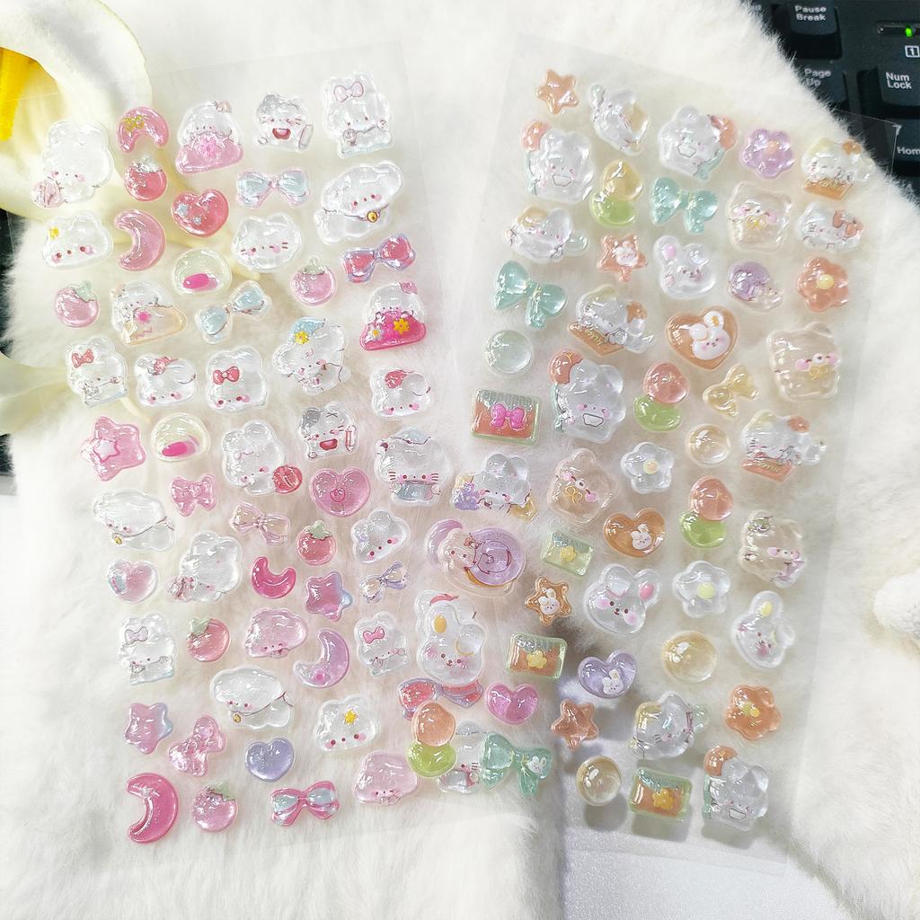 6PCS 3D Crystal Animal Relief Stickers - Sweet Candy Aesthetic Decals Waterproof for Diary Album Phone Case Keyboard Girls Gifts