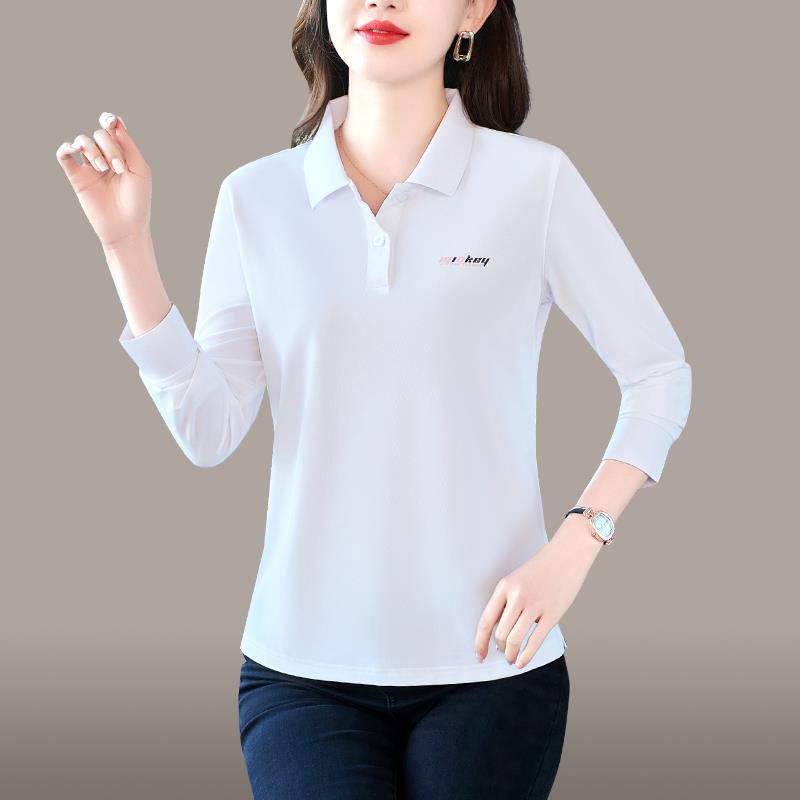

Футболка с длинным рукавом для женщин, тонкий стиль, для мамы, осенний топ из ледяного шелка, футболка-поло с лацканами для женщин среднего возраста 5XL