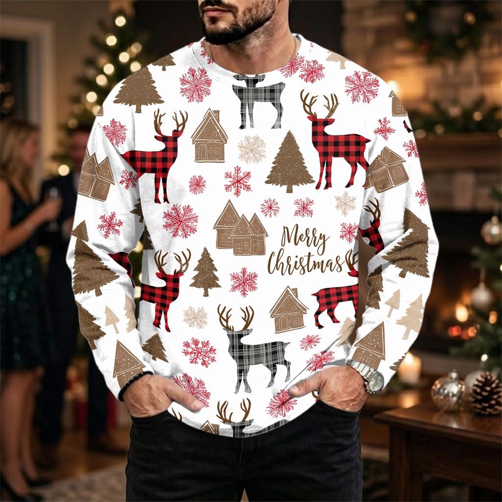 Men's Casual Loose Fit Neck Long Sleeve Top with Christmas Print, Winter Base Layer