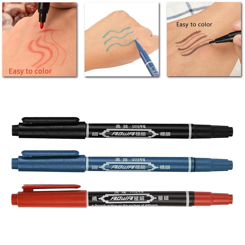 6 Pcs Skin Marking Pen Double Ended W/Fine Thick Tip Black/Blue/Red