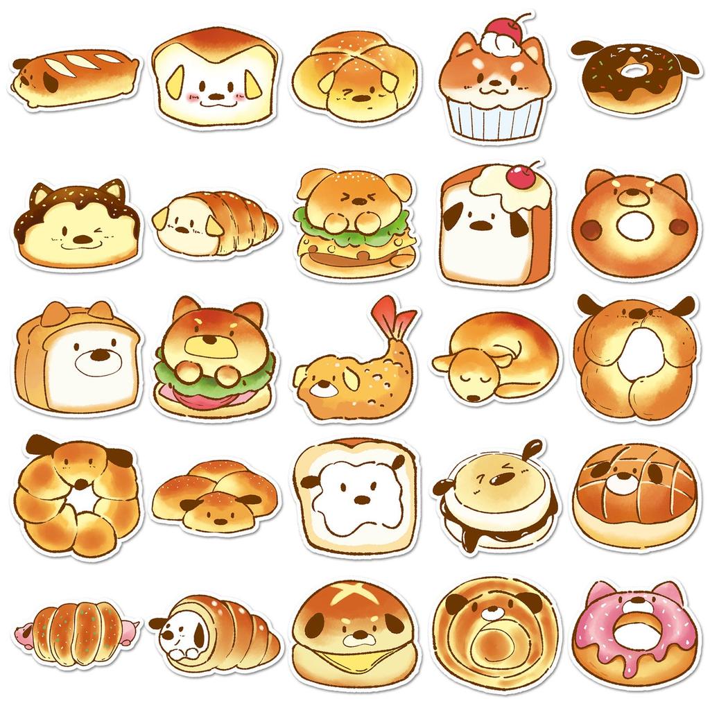 50 Hand-drawn Bread Dog Graffiti Stickers: Cute Cartoon Dessert Designs for Water Bottles, Phones, and Journals.