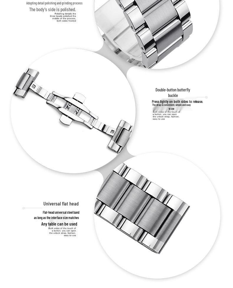 Solid Longjing Steel Watch Band – Three-Bead Men's Brushed Metal Strap