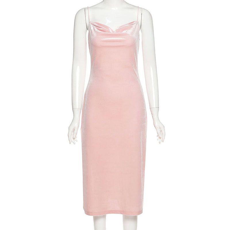 

Light Pink Ins Low-Cut Party Elegant Waist-Slimming Long Dress Pink S