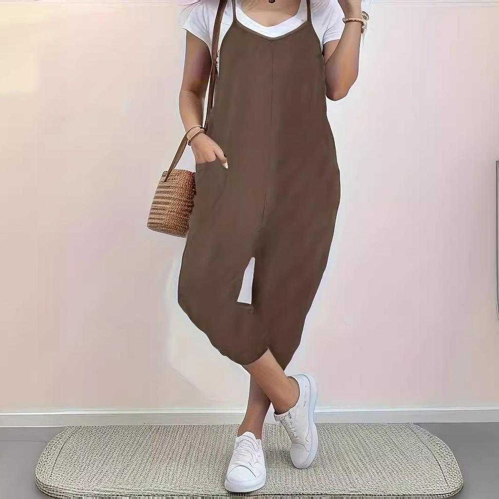 Women's Solid Color Pocket Suspenders Loose Casual Overalls