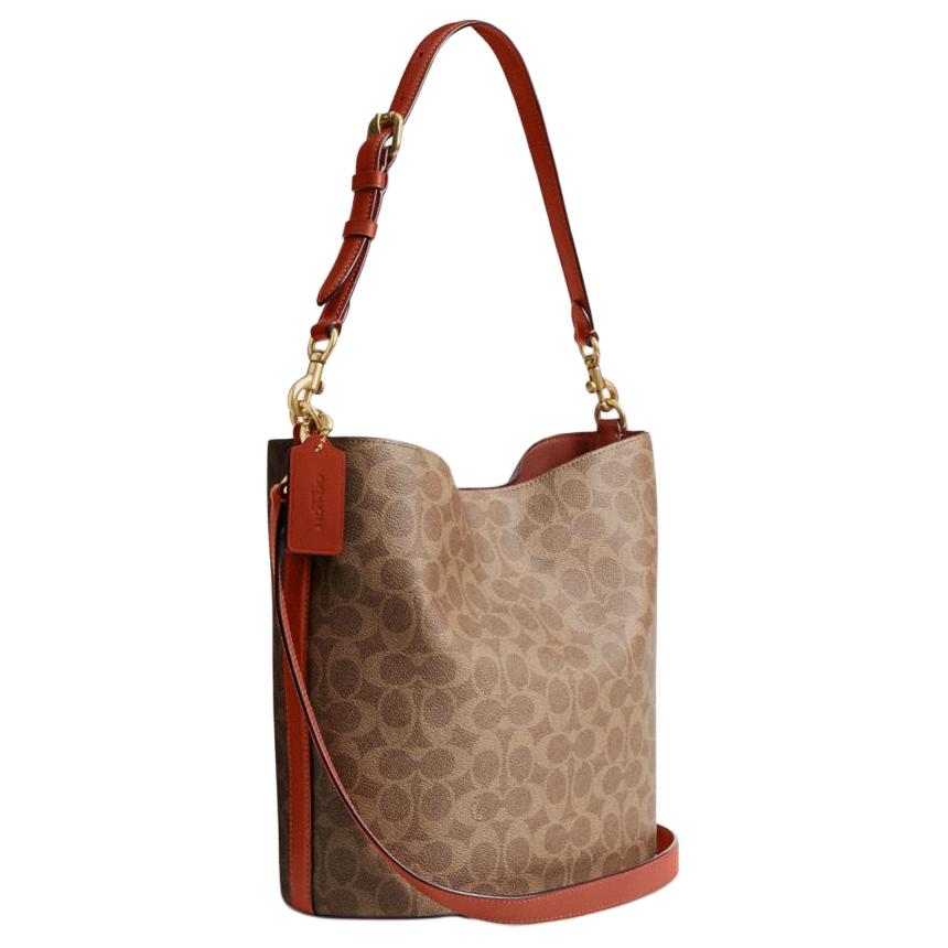 Coach Willow 28 Classic Logo Soft Faux Leather With Cowhide Bucket Bag Crossbody Shoulder Bag Large Women Bags Brown Caramel CW882-B4XHG
