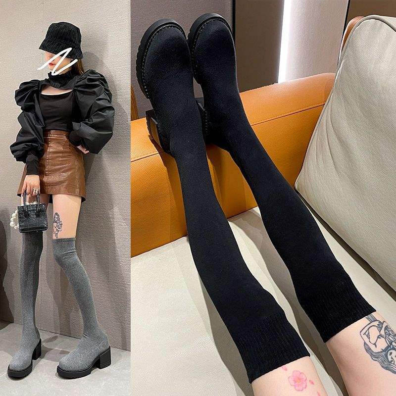 Women's Knee Boots 2025 Spring and Autumn Internet Celebrity Knitted Elastic Socks Boots Women's Thick Heel High Heel Long Tube Thin Boots