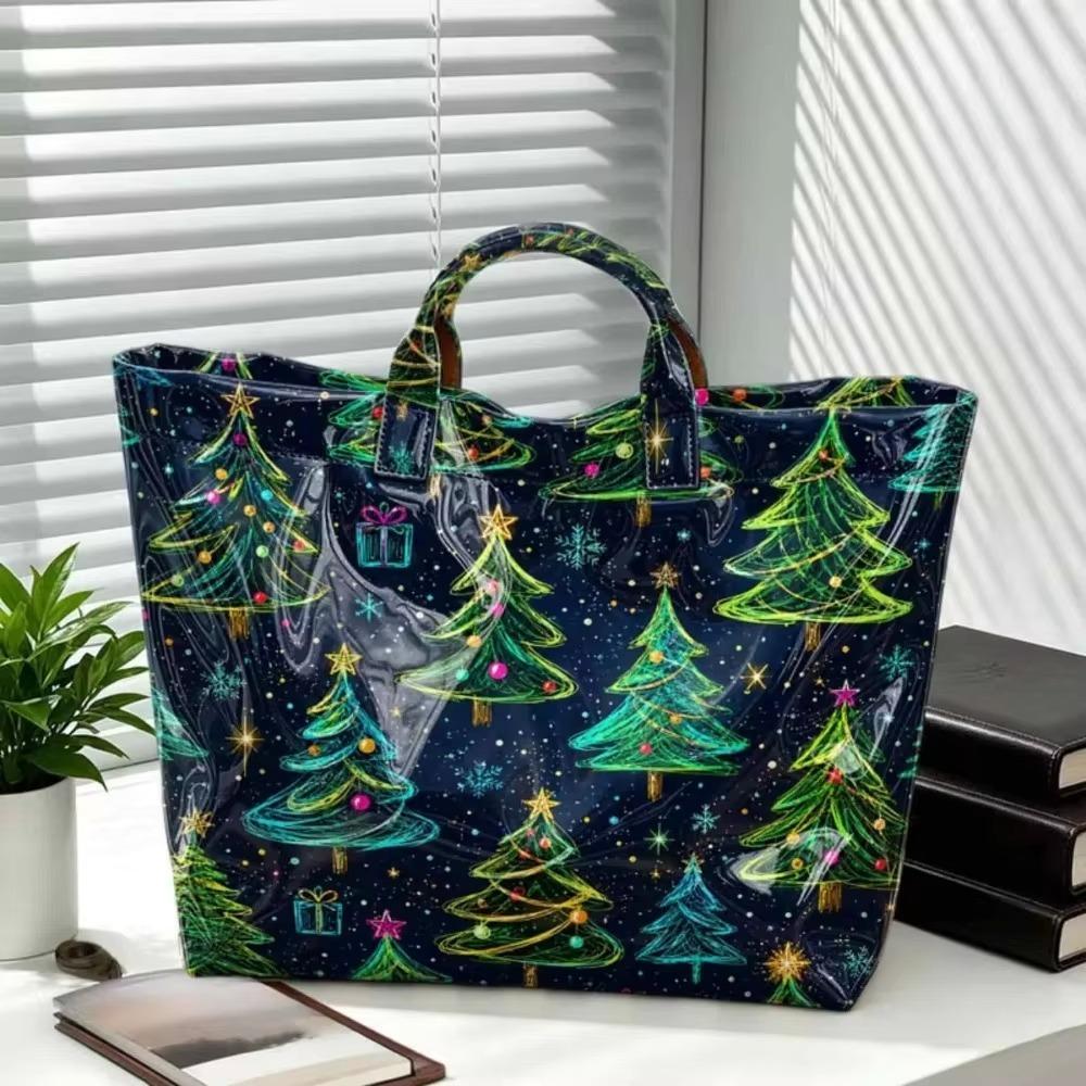 Large Capacity Christmas Print PVC Tote Bag Waterproof Christmas Hand Tote Commute Tote Bag Work