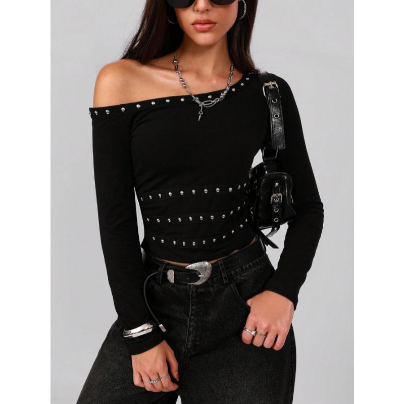 

New Long Sleeve Slanted Shoulder Collar Rivet Womens Blouse Sexy Street Style Spring and Autumn Black Short T-shirt Slim Fit Top S