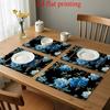 4 Stück Platzsets Geeignet für Esstisch, Blaues Blumenblatt-Tischset mit Rechteckiger Form & Elegantem Ast, Handwaschbar für Couchtisch-Dekoration, und