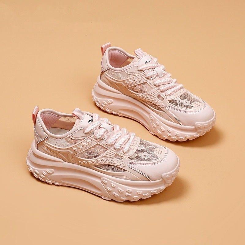 

2024 summer new breathable mesh shoes women s lace Korean version inner height-increasing dad shoes thick-soled versatile casual little white shoes 40 рожевий