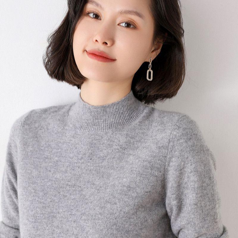 Half High Neck Knitted Sweater Women's Autumn and Winter New Loose Sweater Solid Color Pullover Casual Knitted Base Sweater