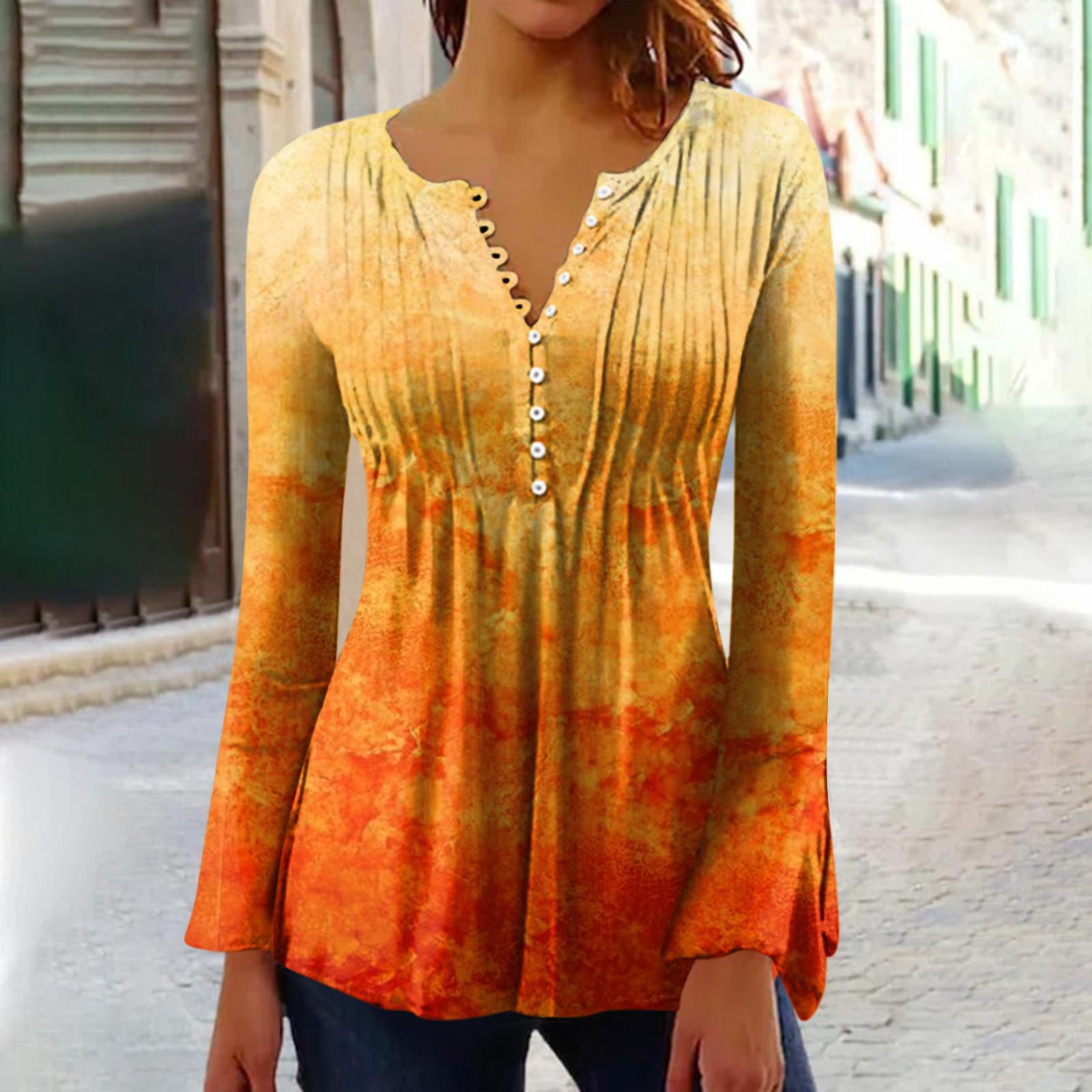 

Женские расклешенные рукава с принтом Воротник на пуговицах Пуговицы Длинные рукава с принтом Базовая праздничная туника Тонкие топы Этнические топы с принтом Летние футболки XL оранжевый