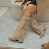 Women's Pointed Toe, Wide Shaft, Straight Tube, Metal Buckle Mid-Calf Boots - Chunky Heel, Trouser Leg Style Boots