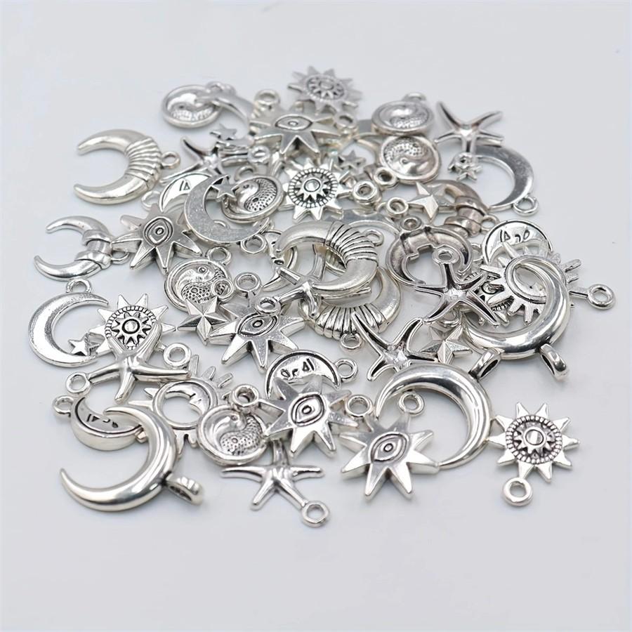 18/48Pcs/Lot Zinc Alloy Antique Silvery Star Moon Pendant Personality DIY Earrings Pendant for Hand Chain Necklace Mardi Gras Day Ramadan