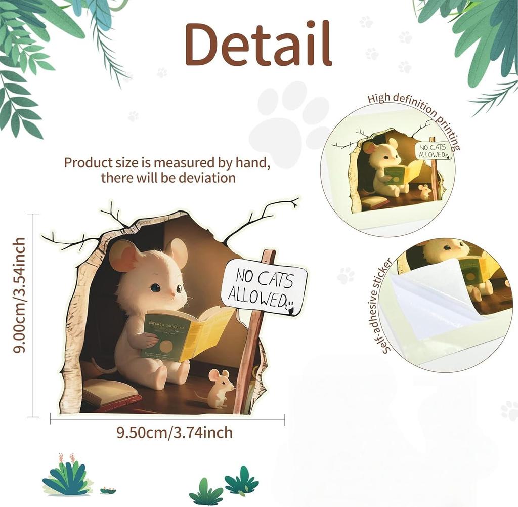 Mouse Wall Hole Sticker Mouse Reading Book Wall 3D Sticker Decal Funny Adorable Wall Corner Sticker Kids Room Nursery
