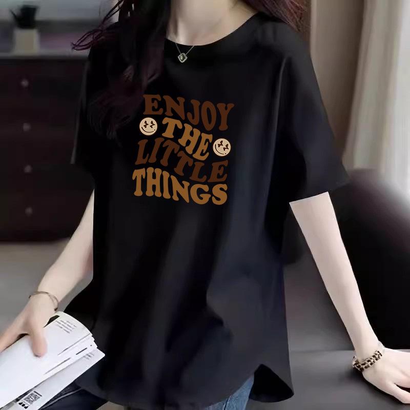 European Style White Printed Cotton Loose Fit T-Shirt for Women - Mid-Length, Over-Hip, Plus Size, Short Sleeve, Summer Trend