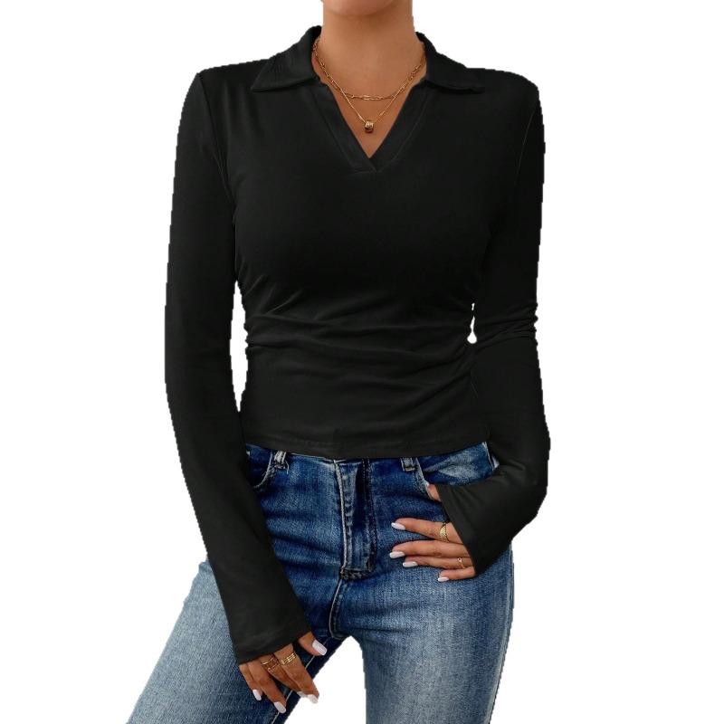 Black V Neck Long Sleeve Fitted Women S Basic Shirt For Autumn Winter