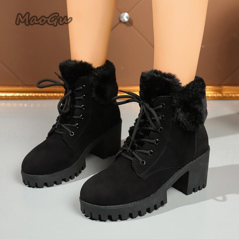 Fashion Faux Fur Lace Up Ankle Boots Warm Women 2025 Autumn Winter Fashion Solid Black High Heel Boots Warm Short Plush Booties Non-slip