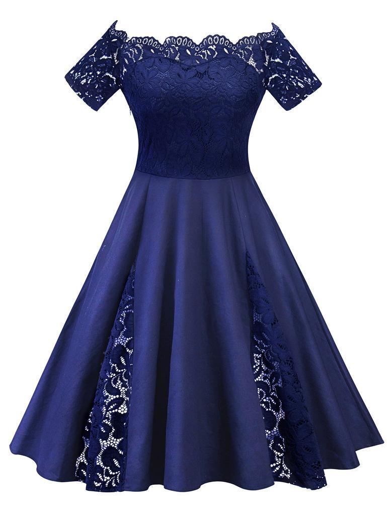 Elegant Plus Size Lace Dress With Off Panel Shoulder Design And High Waist Silhouette For Sophisticated Occasions