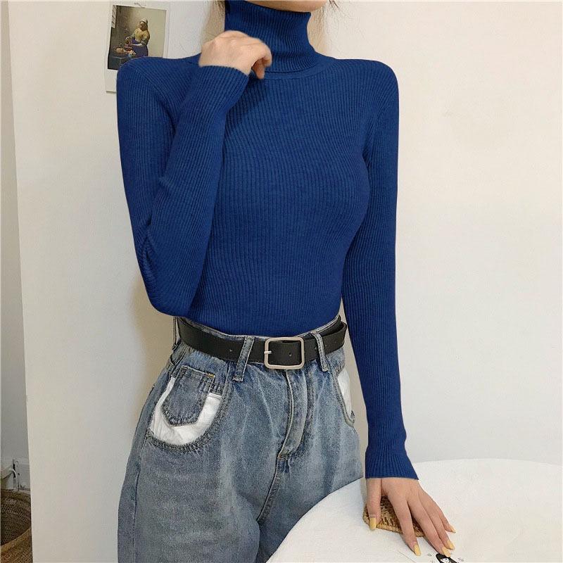 Women's Autumn Winter Long Sleeve High Neck Knit Base Layer Slim-Fit Solid Color Pullover Tight-Fitting Top