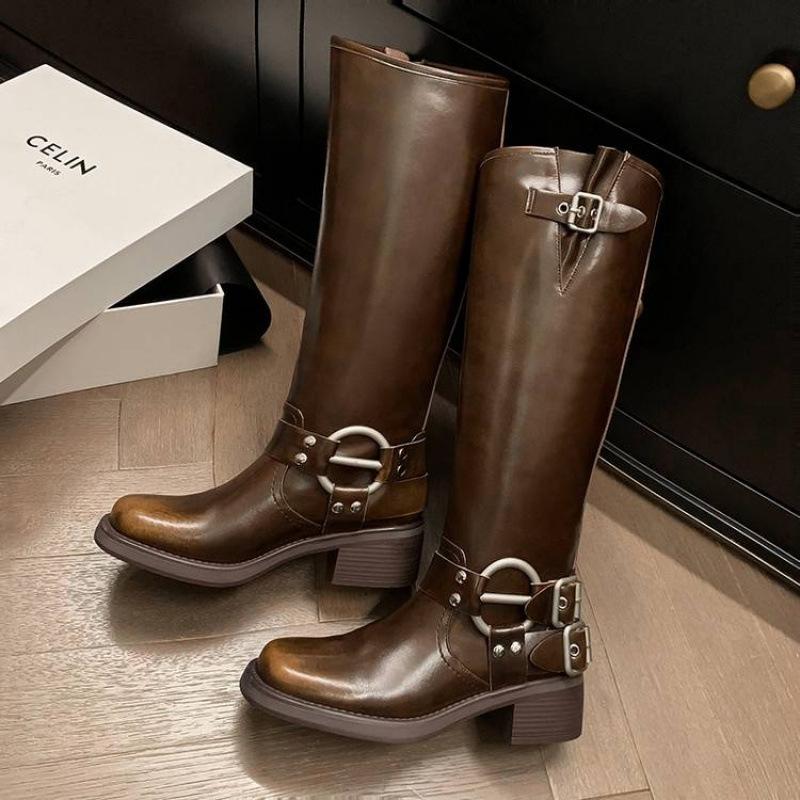 

Autumn and winter leather knight boots women s thick-soled medium heel large size women s boots round head cowhide square heel new women s high boots 39