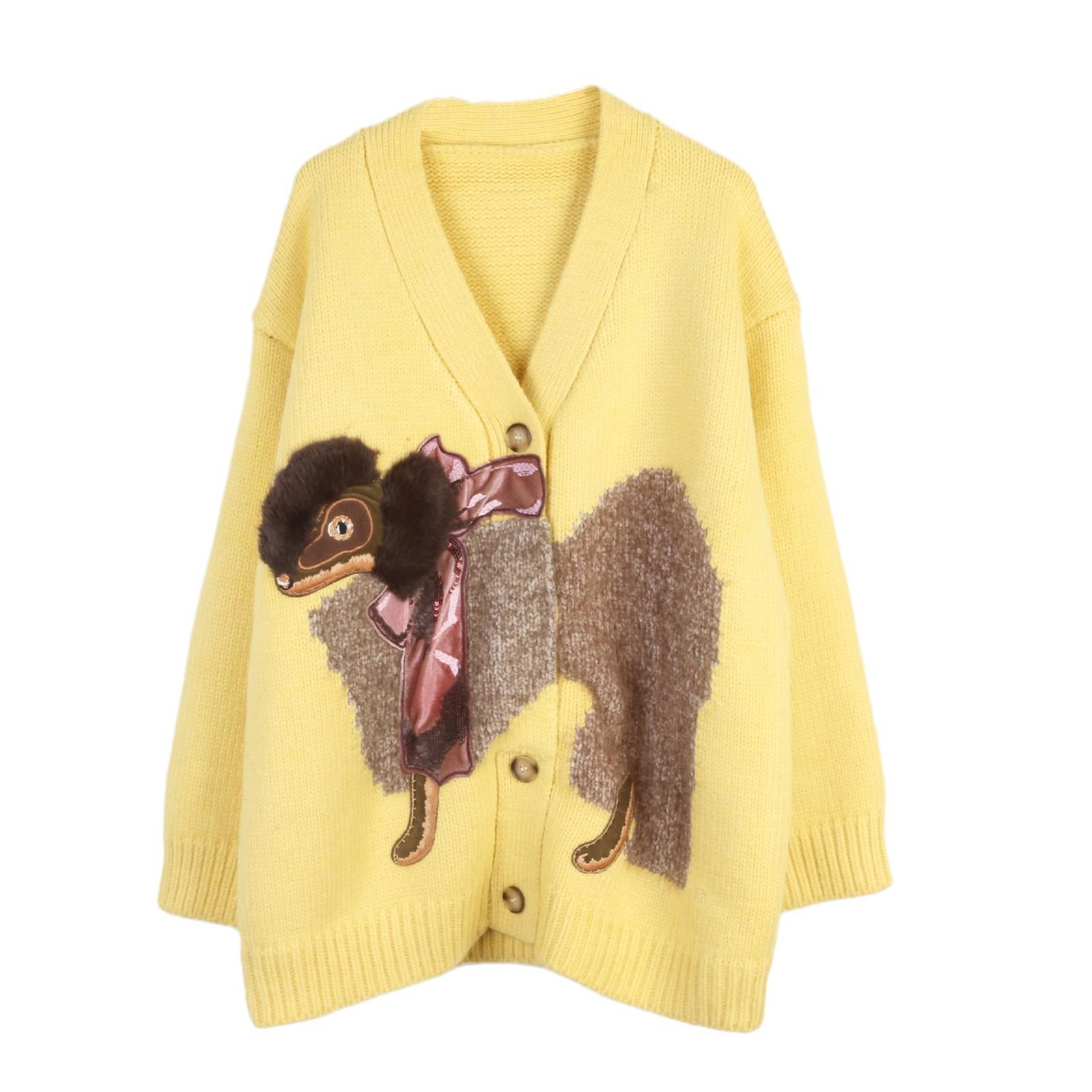 

Желтый кардиган женский с V-образным вырезом и жаккардовым узором - Французский ленивый стиль, свитер средней длины Large