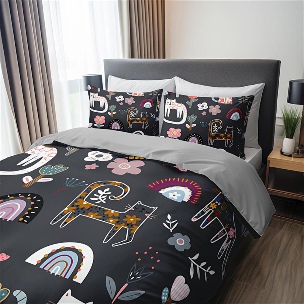 3-częściowy Zestaw Pościeli z Nadrukiem Kota i Kwiatów - Zawiera 1 Poszwę na Kołdrę i 2 Poszewki na Poduszki, Oddychający Poliester, Można Prać w Pralki - Idealny