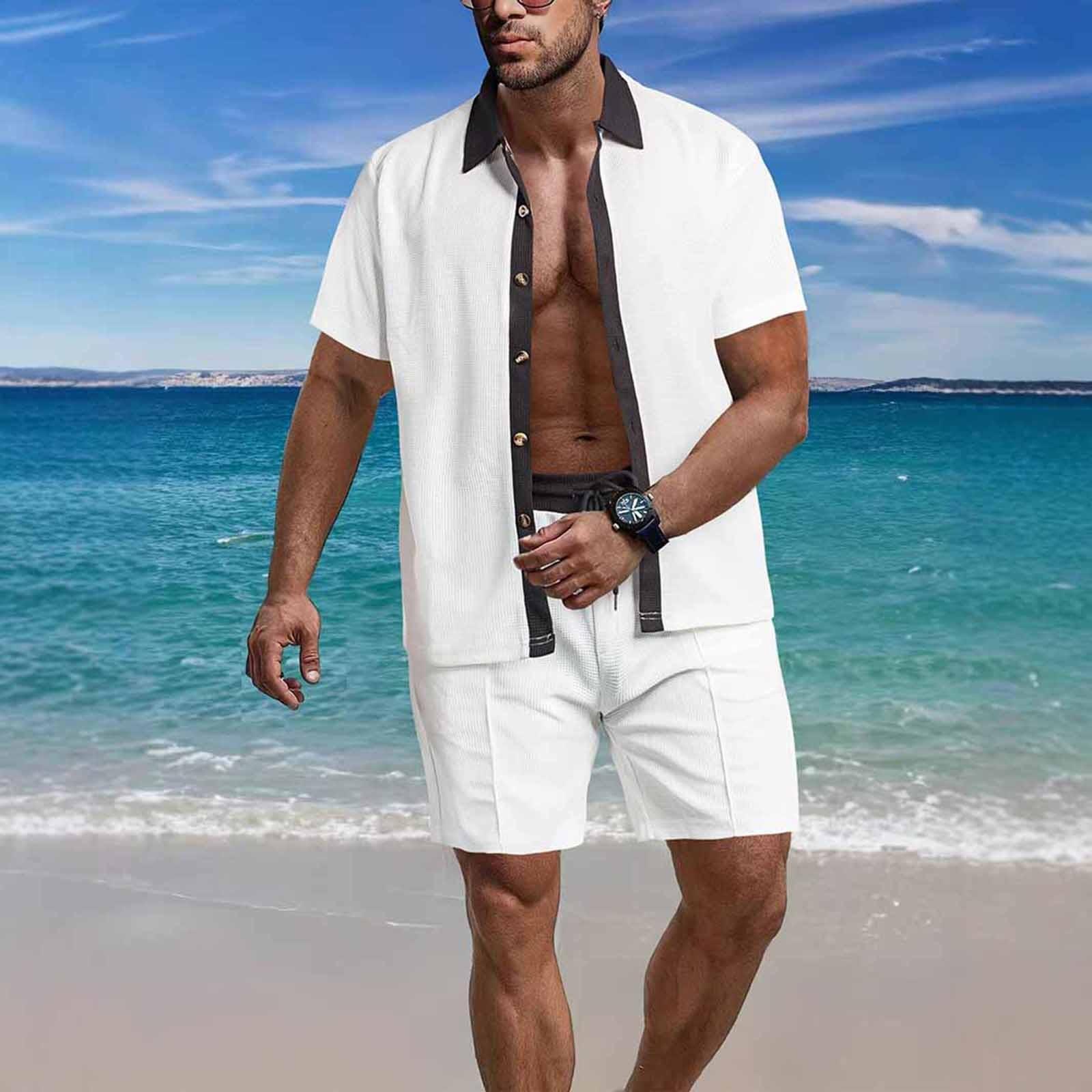 

Мужская летняя однотонная рубашка с коротким рукавом и лацканами на пуговицах, комплект из шорт XL белый