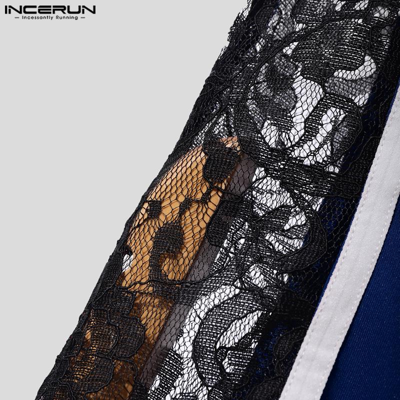 INCERUN Men's Short Sleeve Side Lace Patchwork Jumpsuits Fitted Playsuits Home Wear