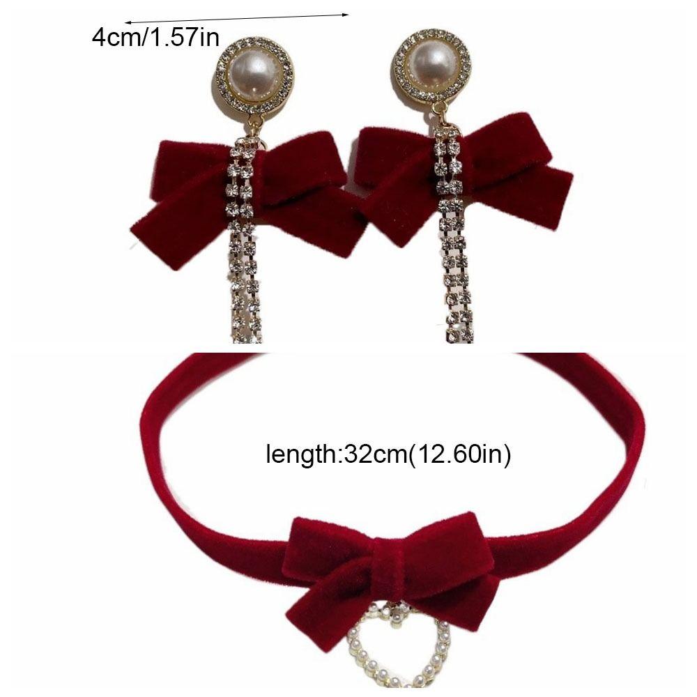 Rhinestone Bow Choker Zinc Zinc Alloy Velvet Collar Necklaces Exquisite Bowknot Earrings  New Year