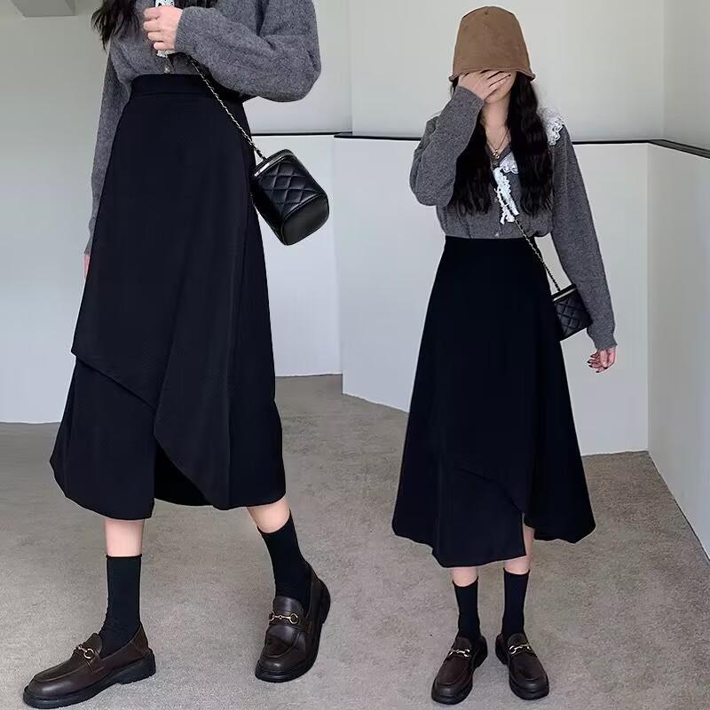 Black Irregular High-Waisted A-Line Skirt - Mid-Length Umbrella Style for Spring & Autumn 2026