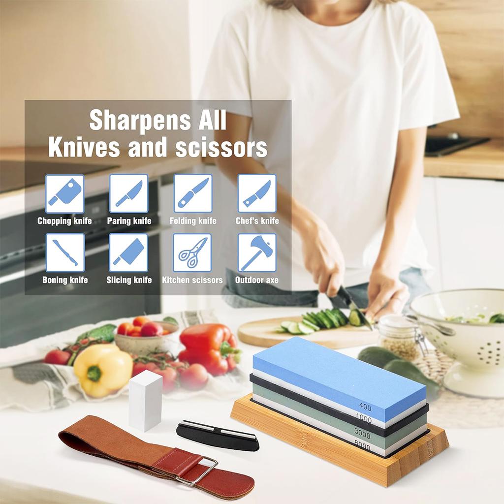 Sharpening Stone Set 4 Side Grit 400/1000 3000/8000, Premium Knife Sharpener, Knife Sharpening Stone Kit with Bamboo Base