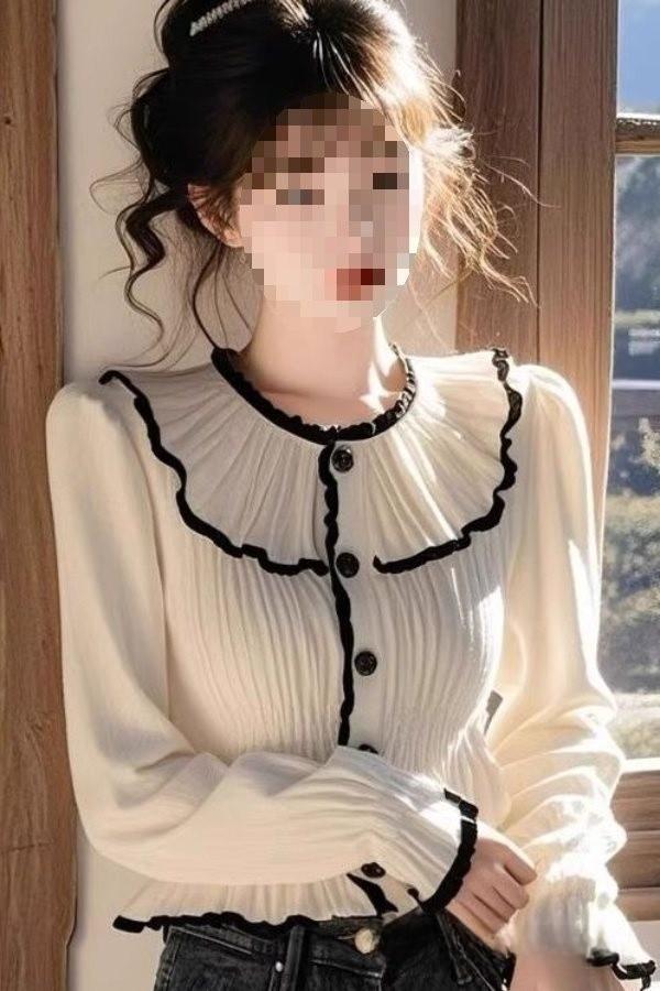 French Chic Long Sleeve Shirt With Ruffle Details For Elegant Spring Fashion