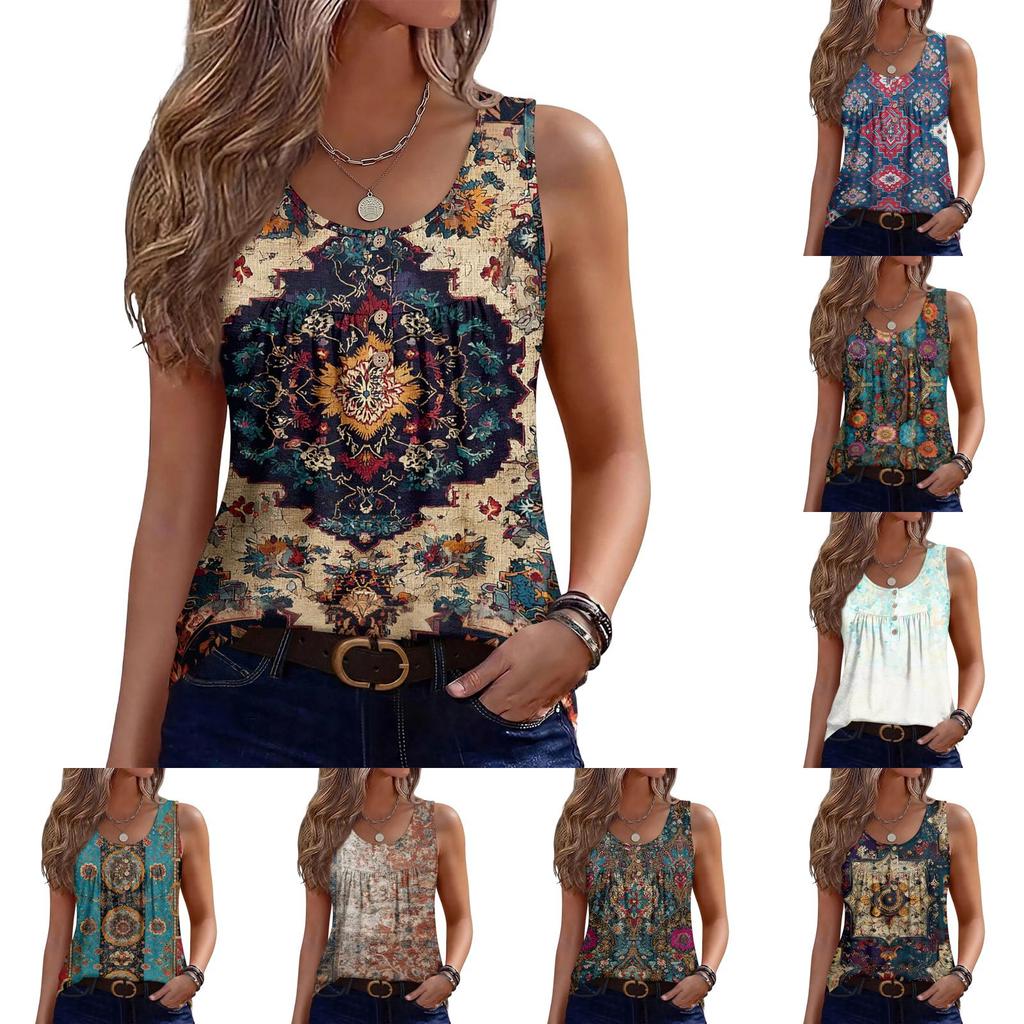 Top Gilet da Donna Nuovo alla Moda Retro Floreale a Strisce Stampa Texturizzata Girocollo Largo Casual Senza Maniche con Bottoni
