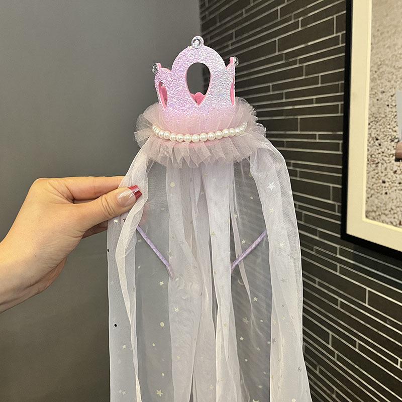 Voal cu Fundă din Dantelă Vintage, Diademă cu Strasuri, Bentiță pentru Fete