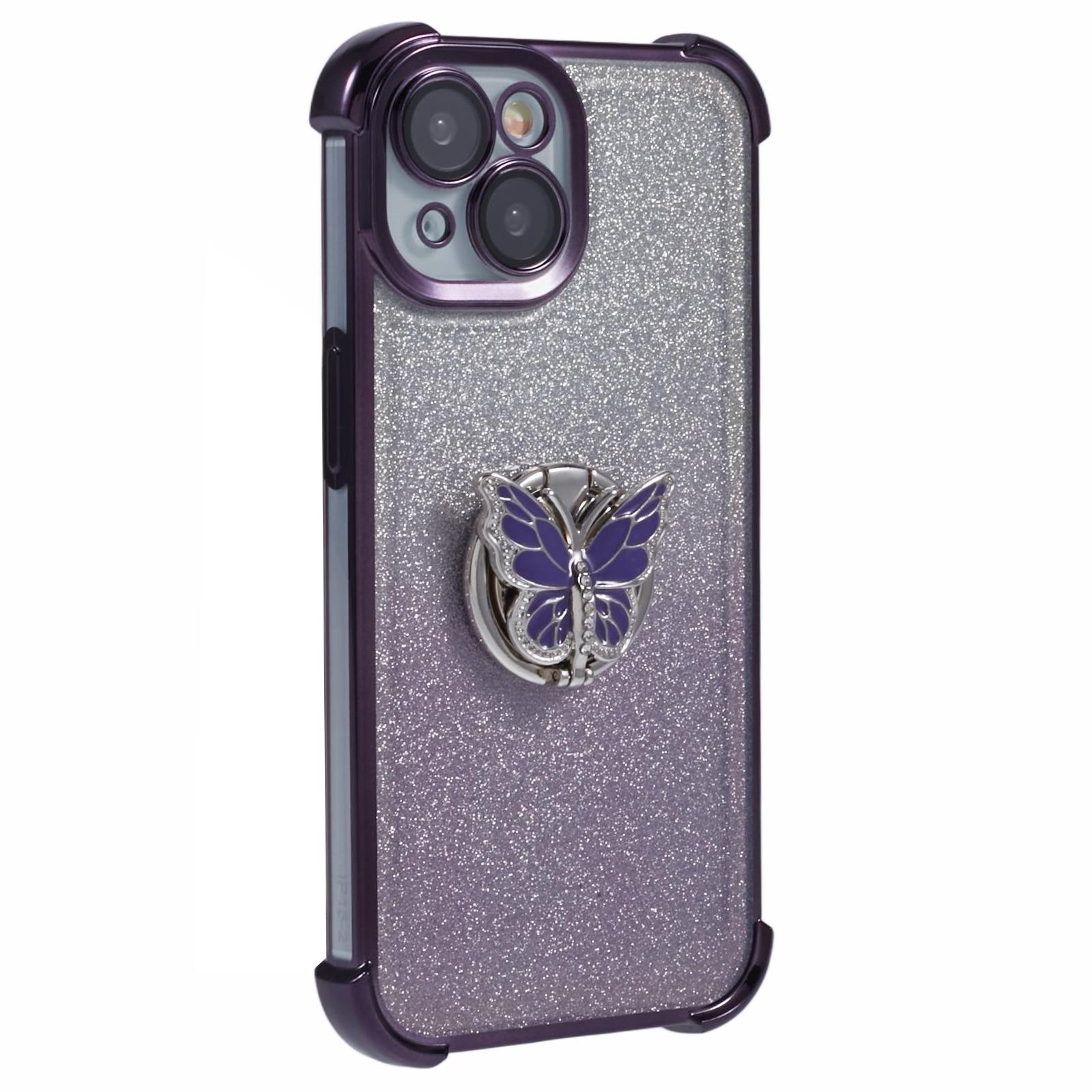 For iPhone 14 Case Butterfly Kickstand Glitter TPU Shockproof Phone Cover A