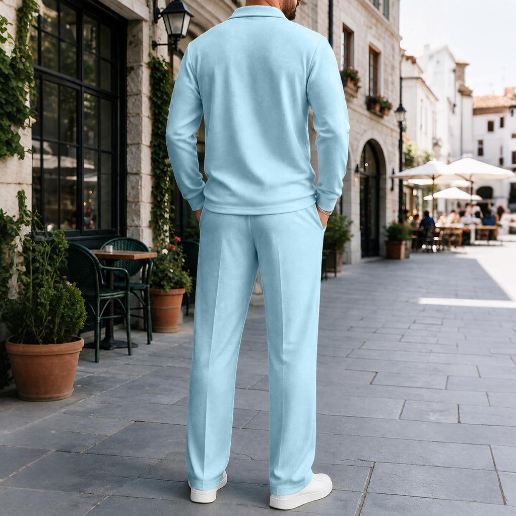 Men's Knit Two Piece Set Color Half Zip Collared Pullover Casual Outfit